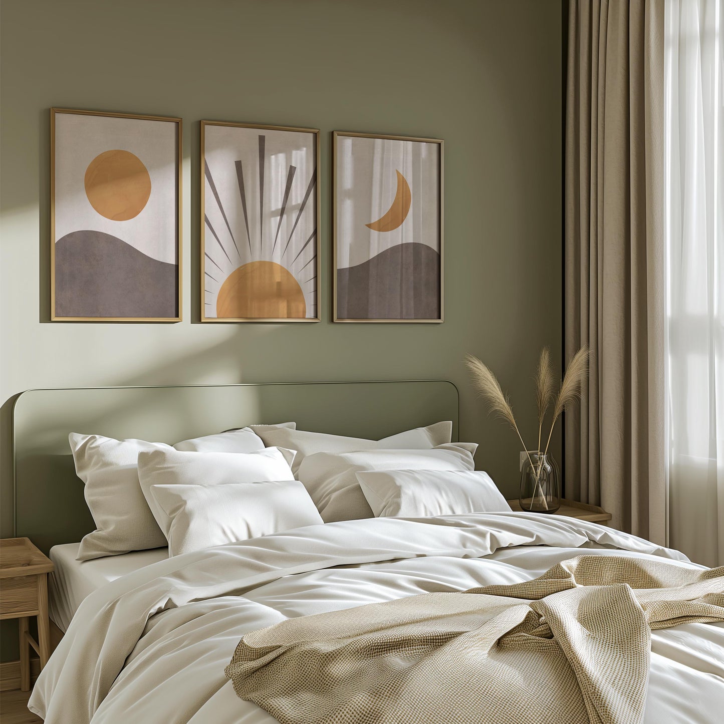 Set of 3 Boho Wall Art Prints, Earth Tone Boho Home Decor, Boho Abstract Geometric Posters, Beige Living Room Art, Sun Mid Century Art B018