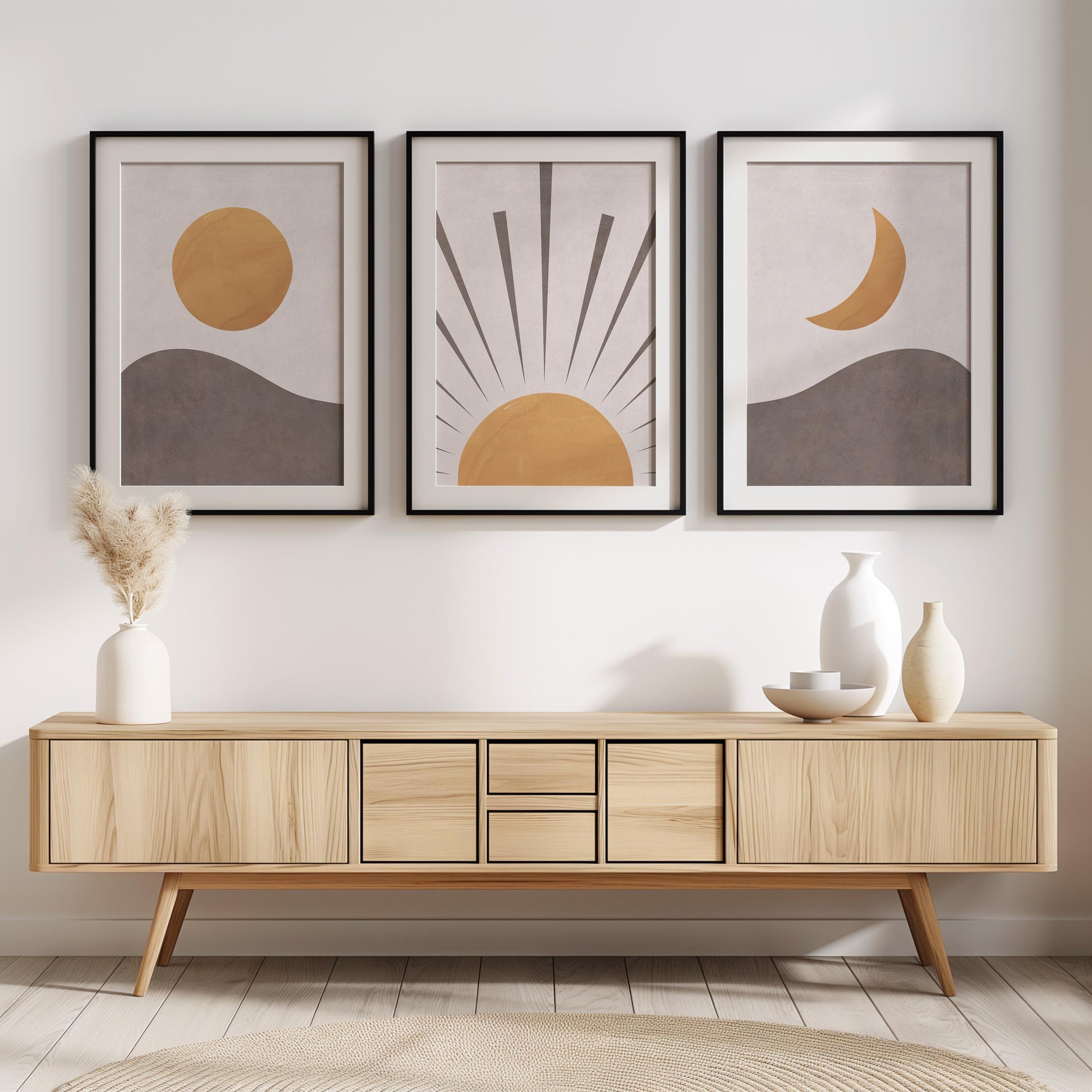 Set of 3 Boho Wall Art Prints, Earth Tone Boho Home Decor, Boho Abstract Geometric Posters, Beige Living Room Art, Sun Mid Century Art B018