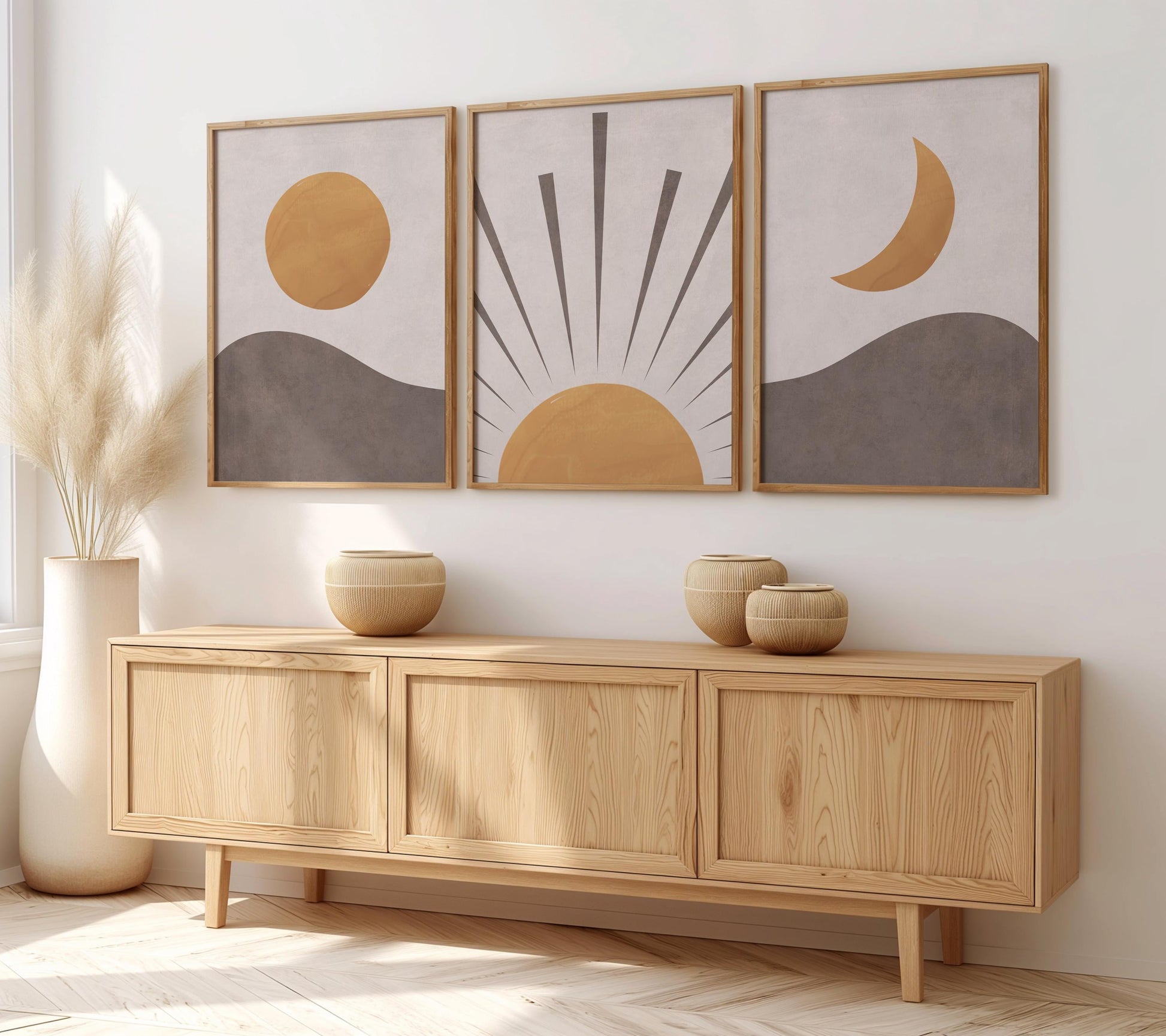 Set of 3 Boho Wall Art Prints, Earth Tone Boho Home Decor, Boho Abstract Geometric Posters, Beige Living Room Art, Sun Mid Century Art B018