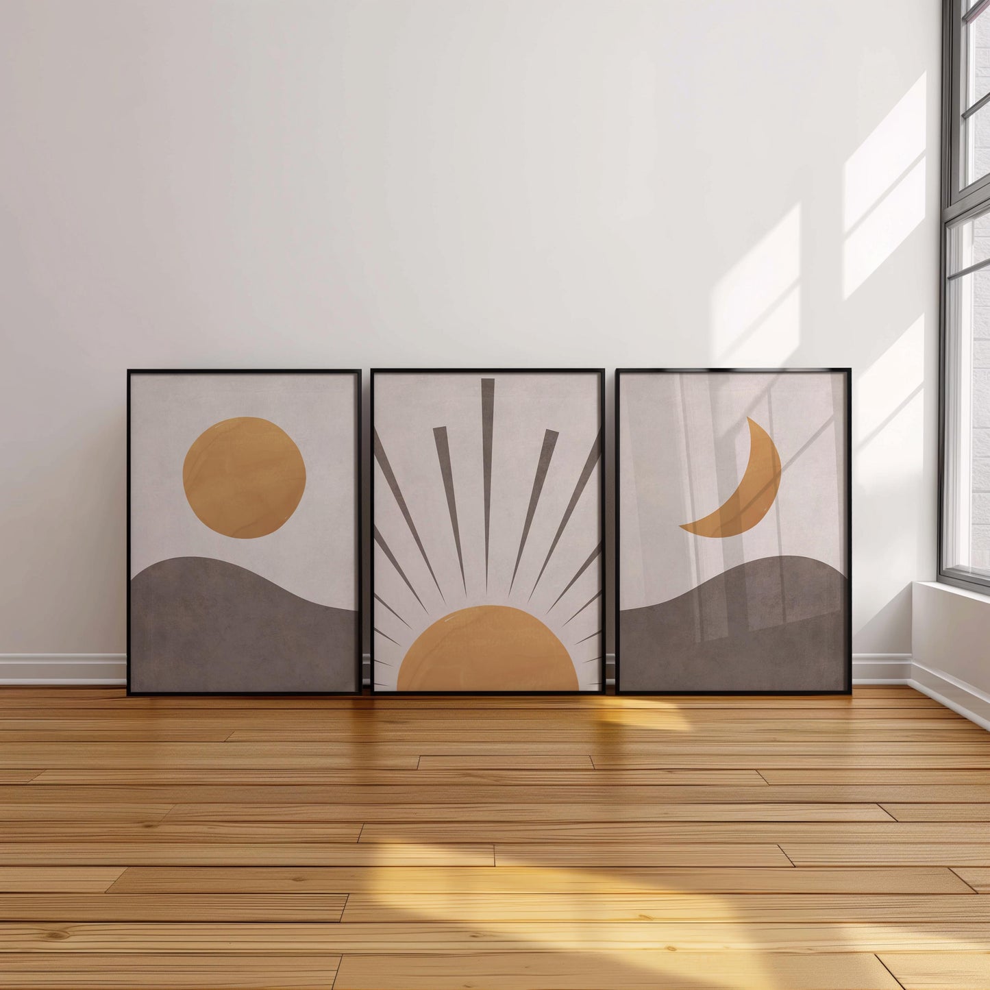 Set of 3 Boho Wall Art Prints, Earth Tone Boho Home Decor, Boho Abstract Geometric Posters, Beige Living Room Art, Sun Mid Century Art B018