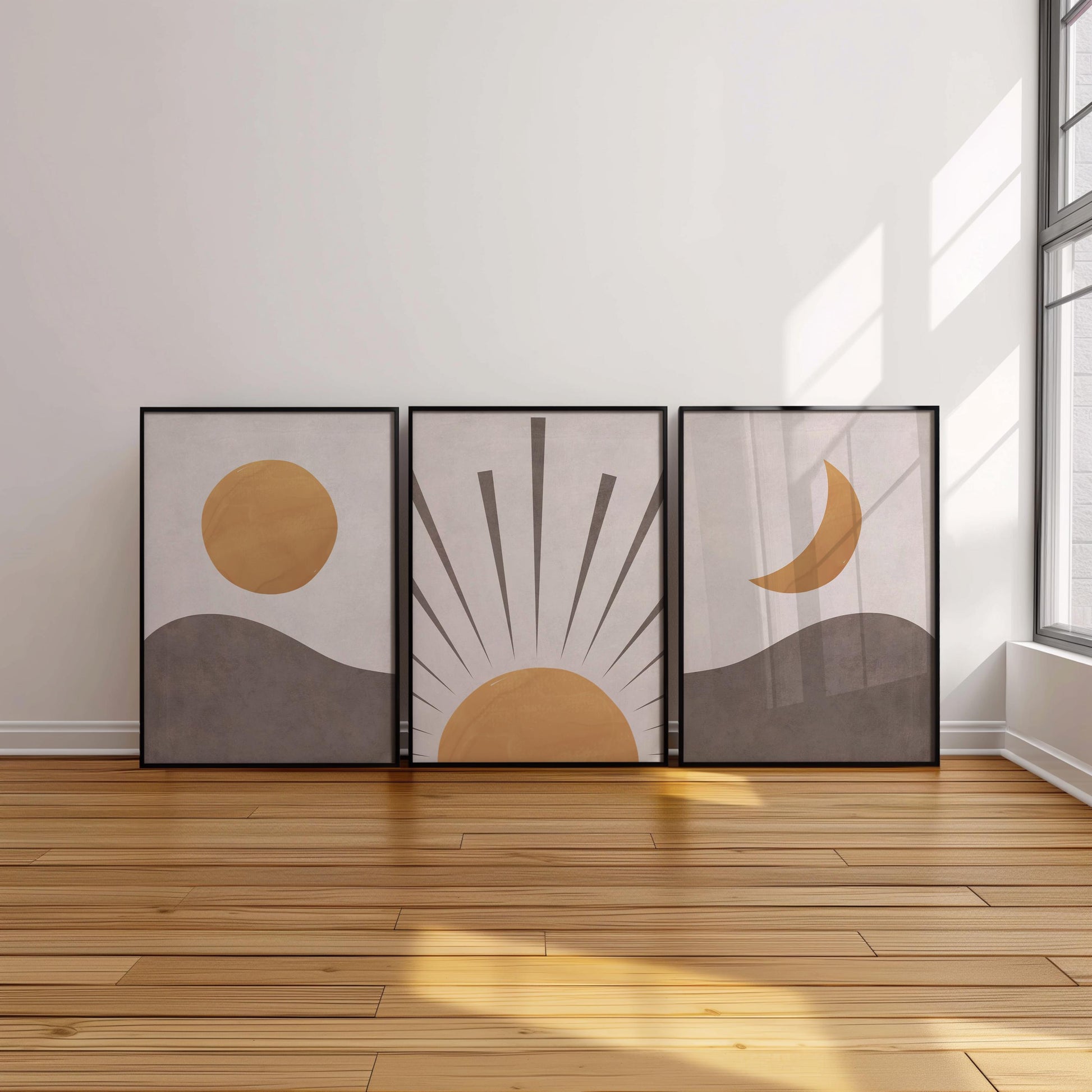 Set of 3 Boho Wall Art Prints, Earth Tone Boho Home Decor, Boho Abstract Geometric Posters, Beige Living Room Art, Sun Mid Century Art B018