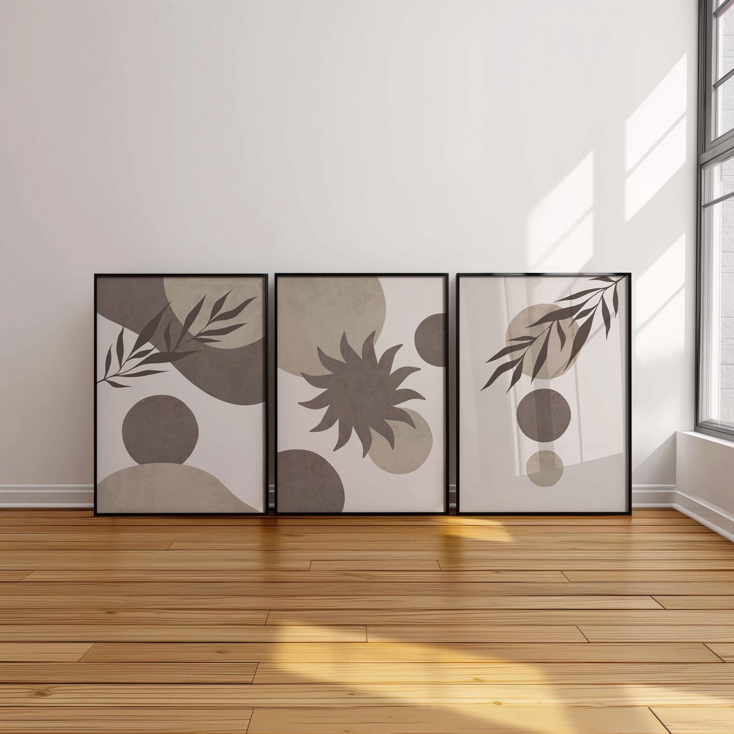 Set of 3 Boho Wall Art Prints, Earth Tone Boho Home Decor, Boho Abstract Geometric Posters, Beige Living Room Art, Sun Mid Century Art B017