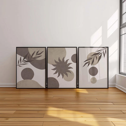 Set of 3 Boho Wall Art Prints, Earth Tone Boho Home Decor, Boho Abstract Geometric Posters, Beige Living Room Art, Sun Mid Century Art B017