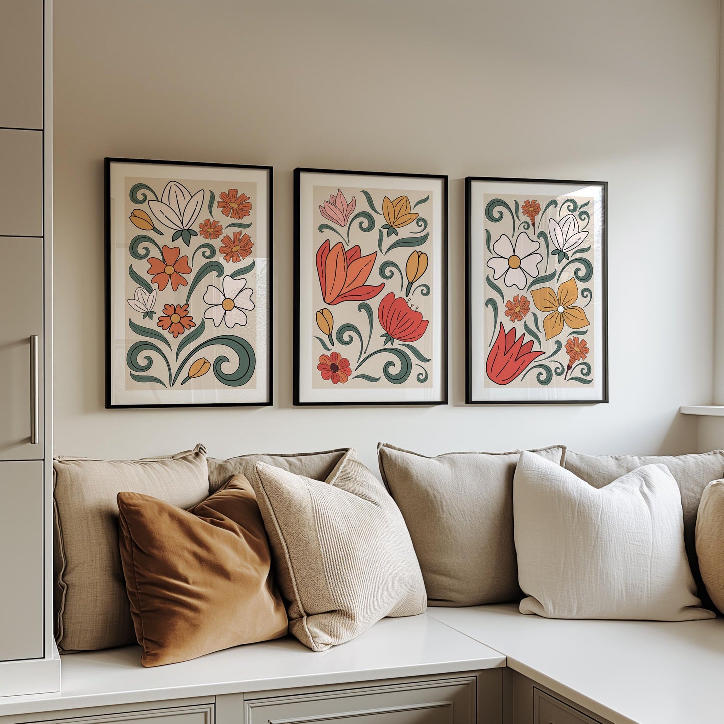 Set of 3 Boho Wall Prints, Boho Wall Art, Boho Home Decor, Retro Flower Poster, Vibrant Floral Poster, Beige, Mid-Century Style Art B019