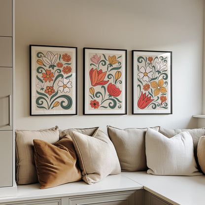 Set of 3 Boho Wall Prints, Boho Wall Art, Boho Home Decor, Retro Flower Poster, Vibrant Floral Poster, Beige, Mid-Century Style Art B019