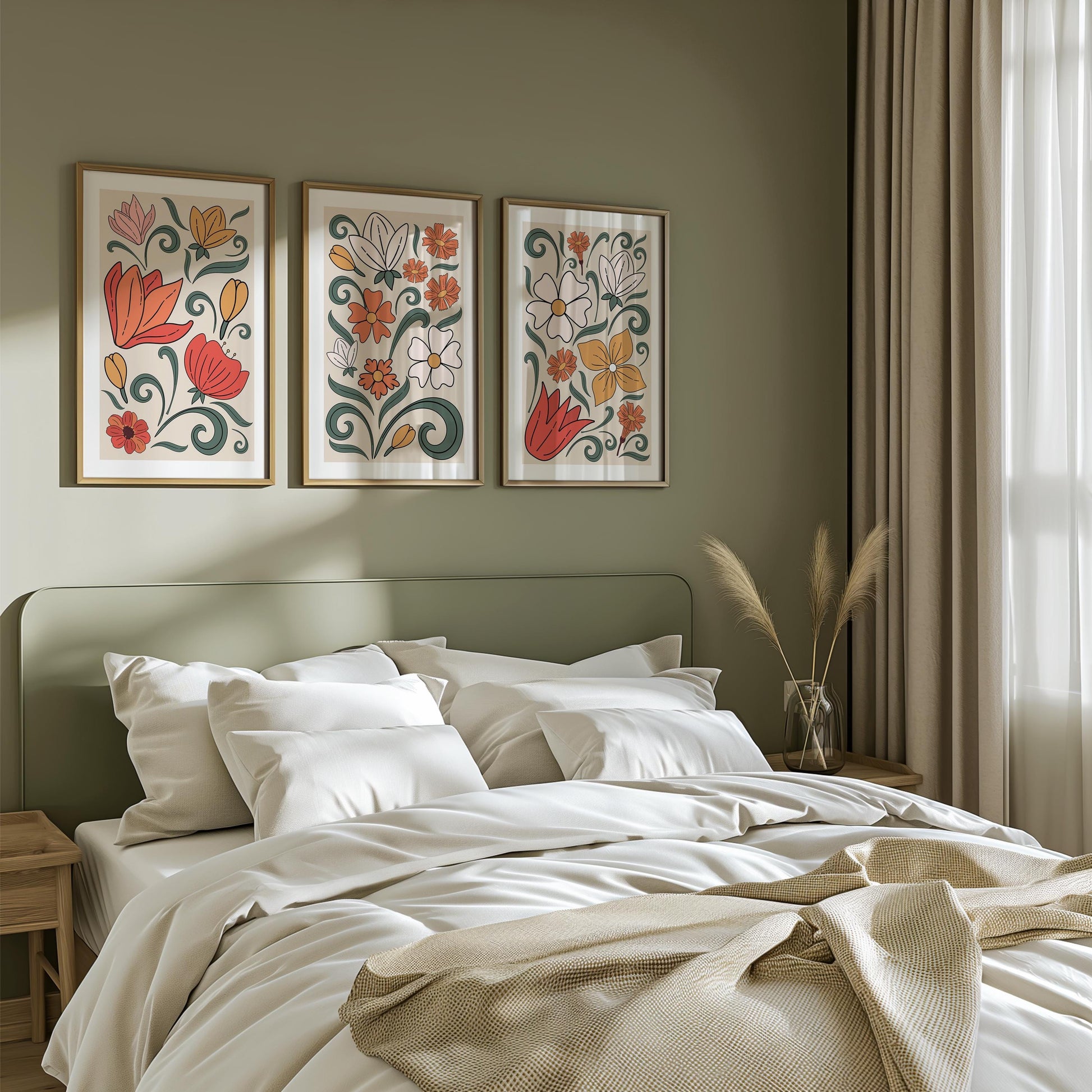 Set of 3 Boho Wall Prints, Boho Wall Art, Boho Home Decor, Retro Flower Poster, Vibrant Floral Poster, Beige, Mid-Century Style Art B019
