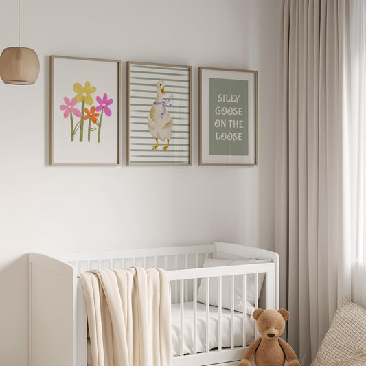 Silly Goose Nursery Print, Pastel Floral, Cottagecore Art  N230