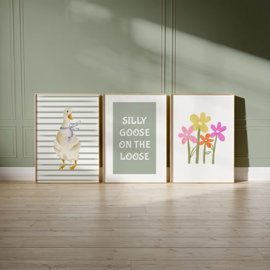 Silly Goose Nursery Print, Pastel Floral, Cottagecore Art  N230