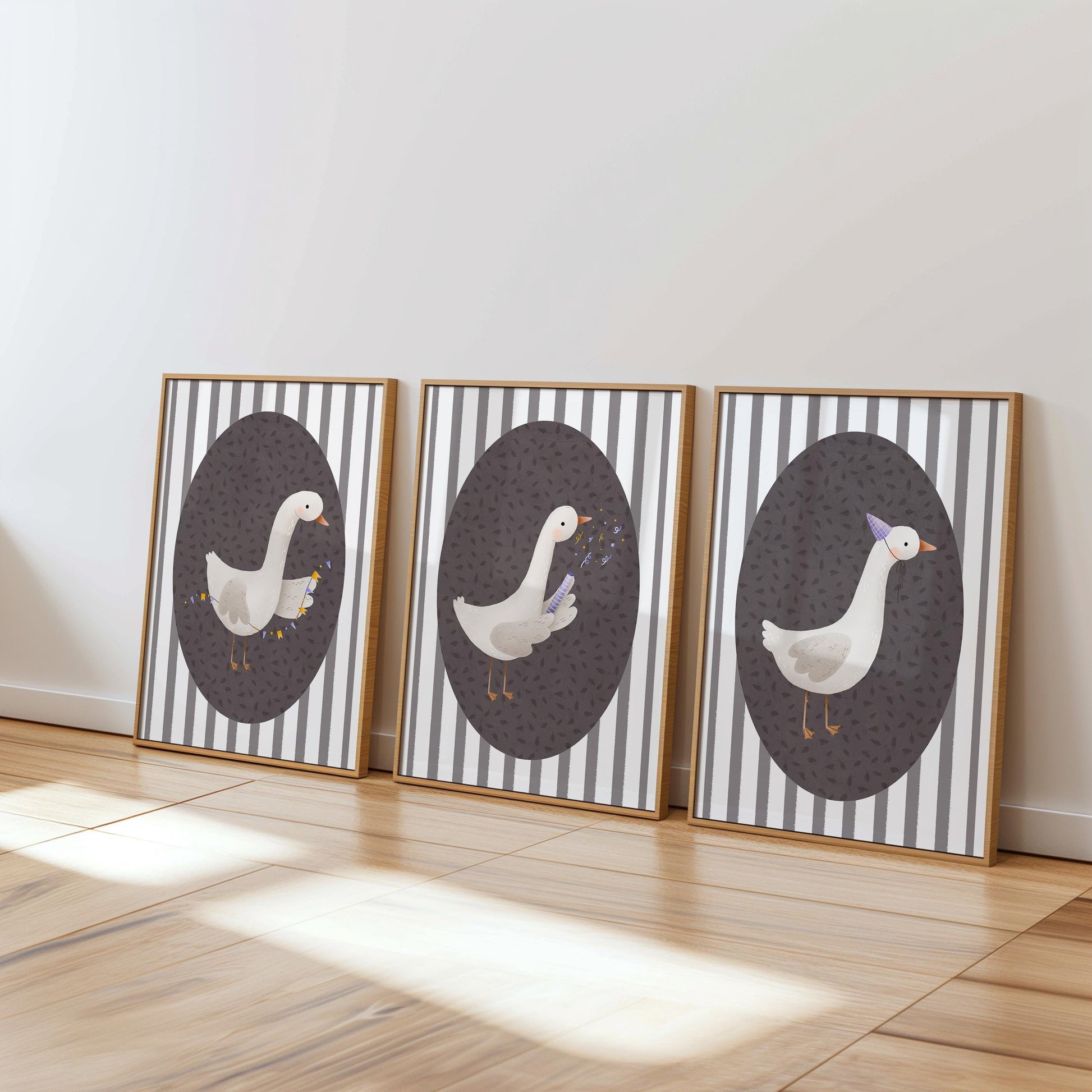 Goose Nursery Print Set, Striped Decor, Retro Kids Wall Art N232