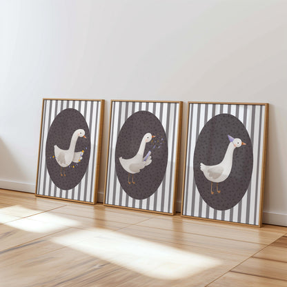 Goose Nursery Print Set, Striped Decor, Retro Kids Wall Art N232
