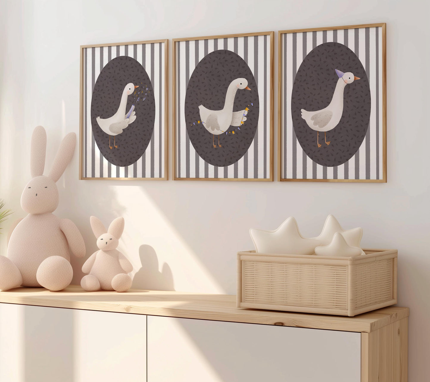 Goose Nursery Print Set, Striped Decor, Retro Kids Wall Art N232