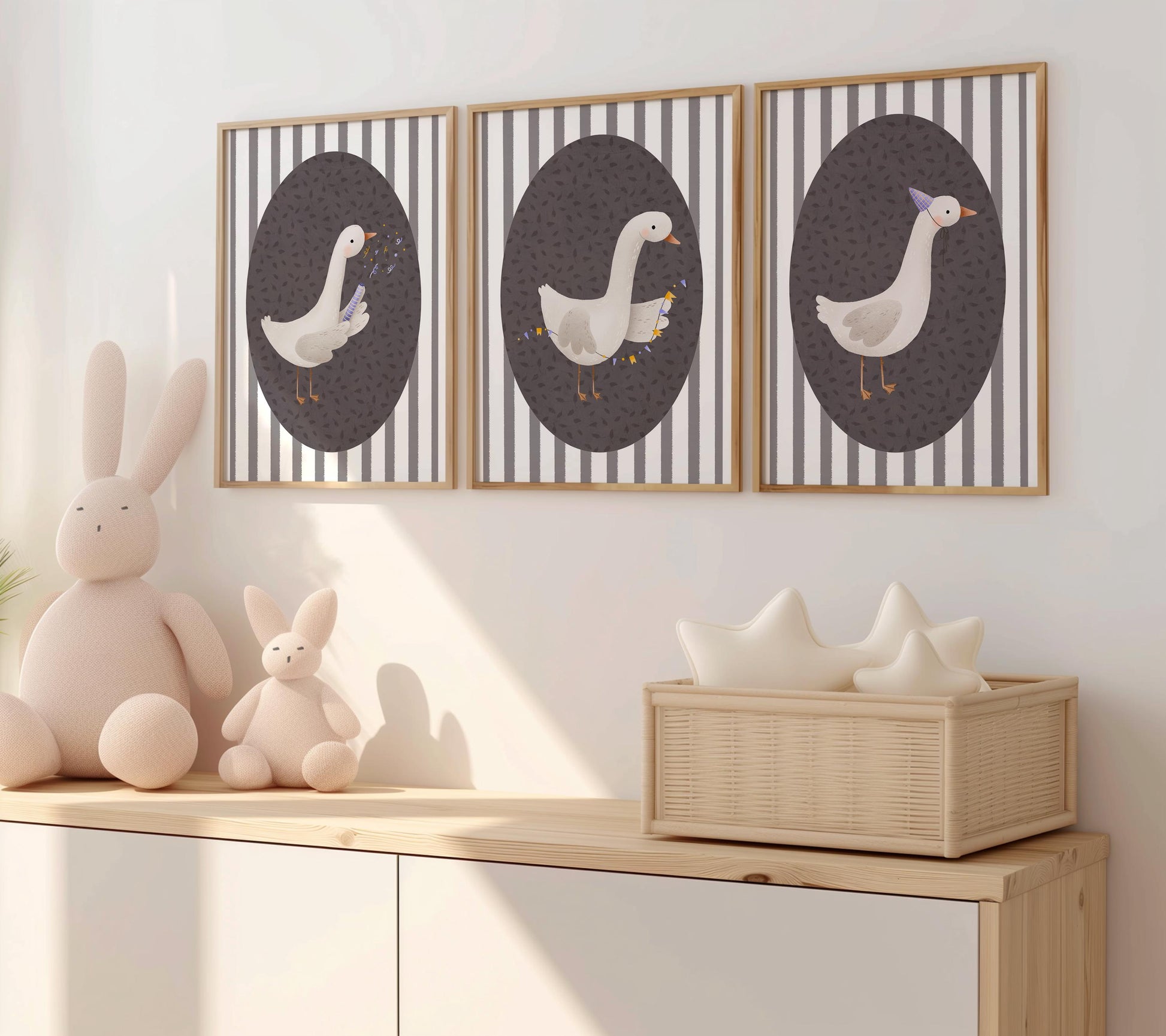 Goose Nursery Print Set, Striped Decor, Retro Kids Wall Art N232