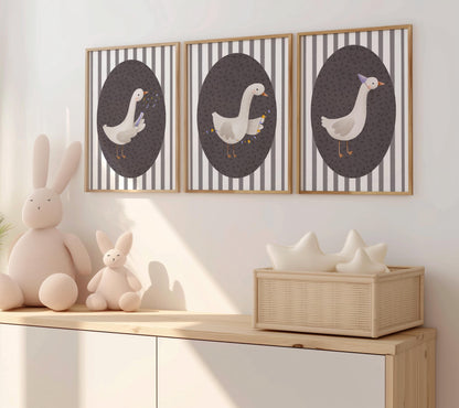 Goose Nursery Print Set, Striped Decor, Retro Kids Wall Art N232