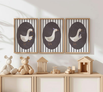 Goose Nursery Print Set, Striped Decor, Retro Kids Wall Art N232