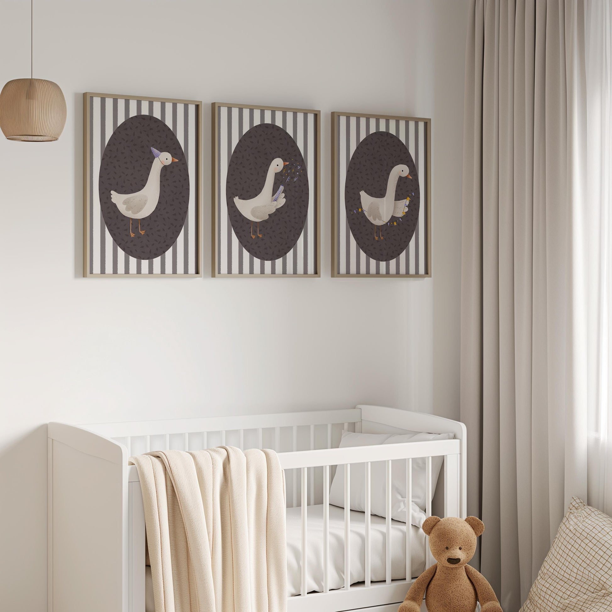 Goose Nursery Print Set, Striped Decor, Retro Kids Wall Art N232