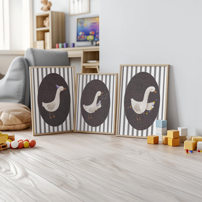 Goose Nursery Print Set, Striped Decor, Retro Kids Wall Art N232