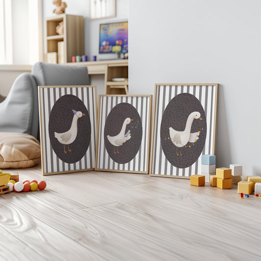 Goose Nursery Print Set, Striped Decor, Retro Kids Wall Art N232