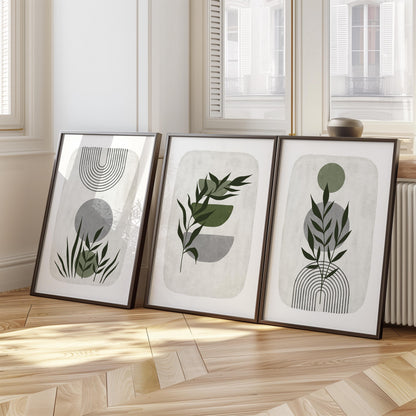 Boho Abstract Wall Prints, Sage Green Botanical Art (Set of 3)  B021