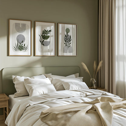 Boho Abstract Wall Prints, Sage Green Botanical Art (Set of 3)  B021