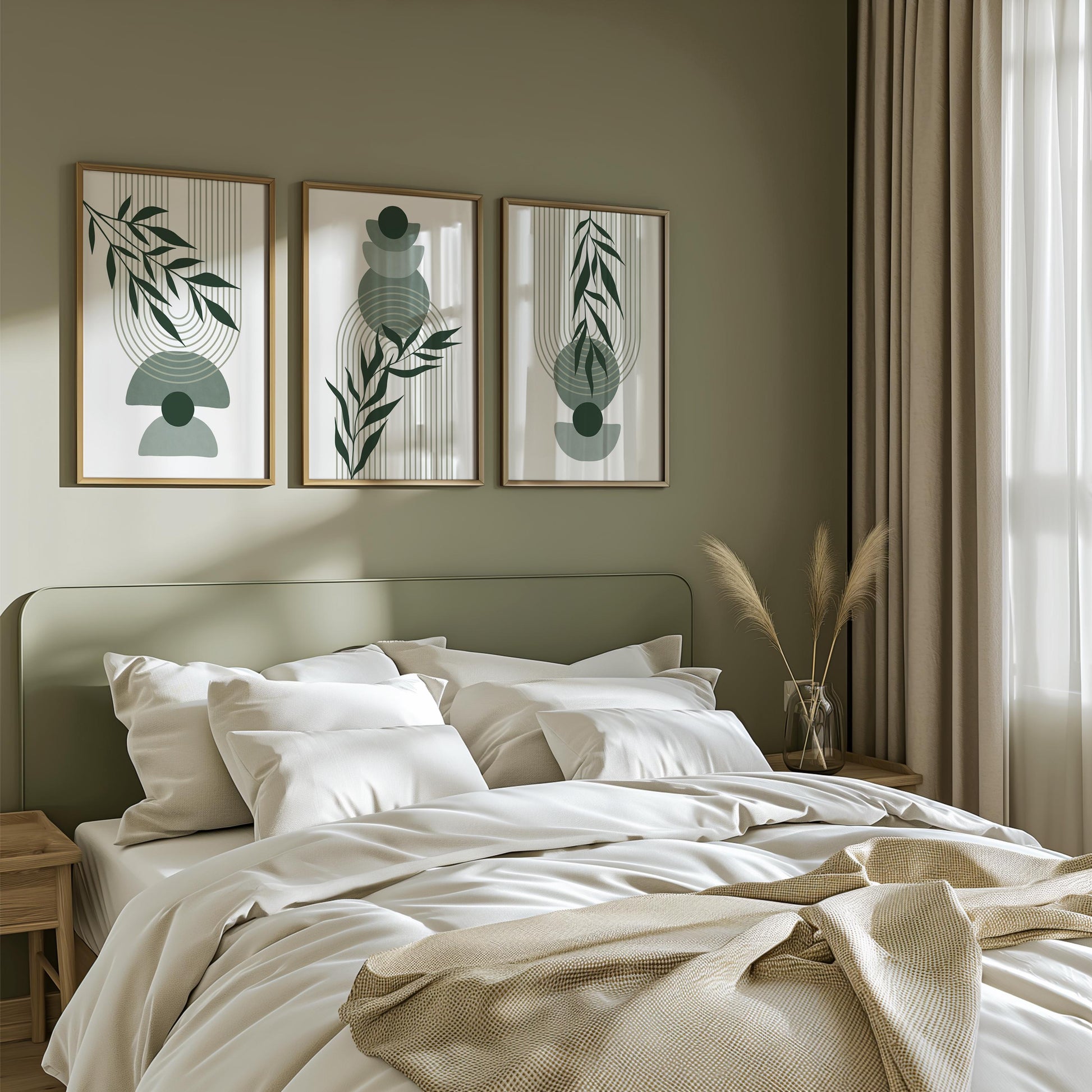 Boho Wall Prints, Set of 3 Wall Art, Sage Green Wall Prints, Boho Abstract Posters, Geometric Wall Poster, Bedroom Floral Wall Decor B022