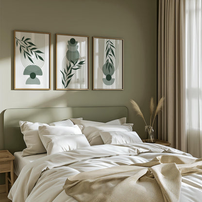 Boho Wall Prints, Set of 3 Wall Art, Sage Green Wall Prints, Boho Abstract Posters, Geometric Wall Poster, Bedroom Floral Wall Decor B022
