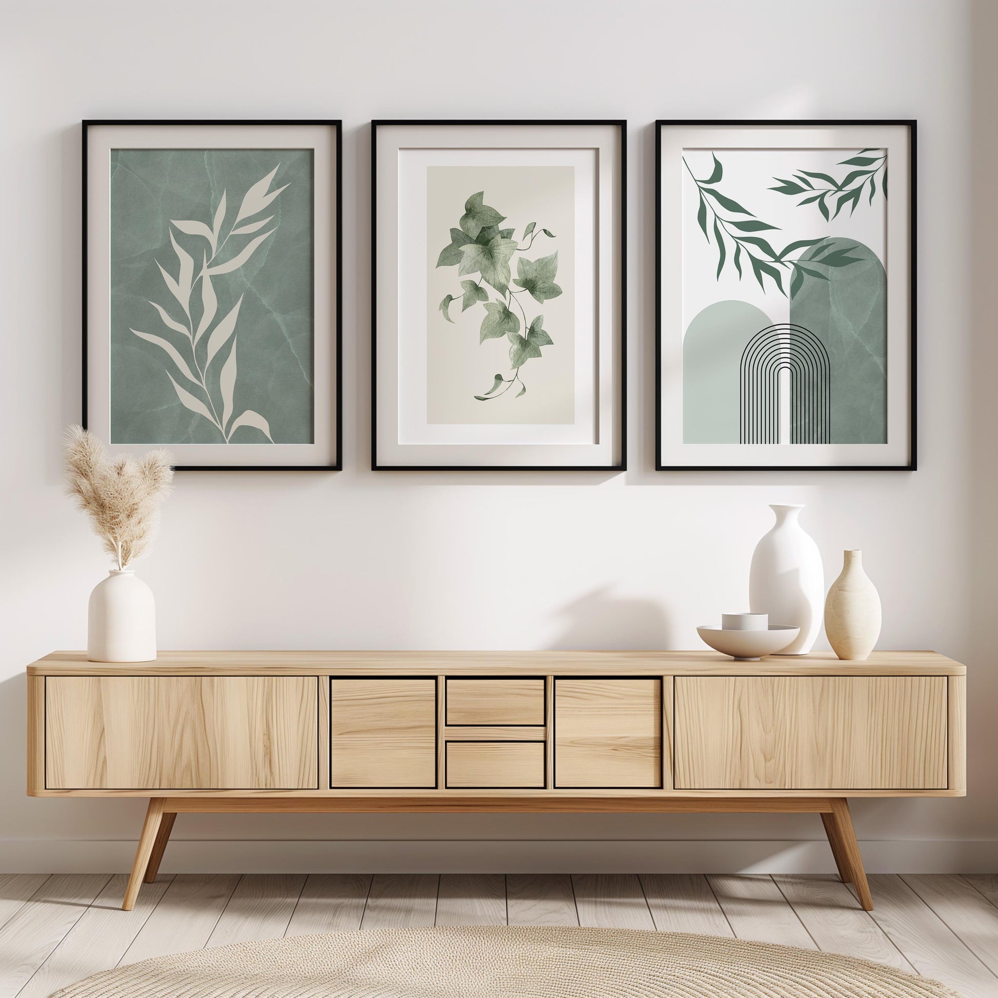 Boho Wall Prints, Set of 3 Wall Art, Sage Green Wall Prints, Boho Abstract Posters, Floral Geometric Wall Poster, Calm Green Wall Decor B023