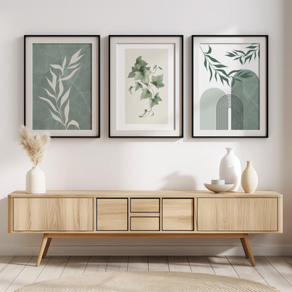 Boho Wall Prints, Set of 3 Wall Art, Sage Green Wall Prints, Boho Abstract Posters, Floral Geometric Wall Poster, Calm Green Wall Decor B023