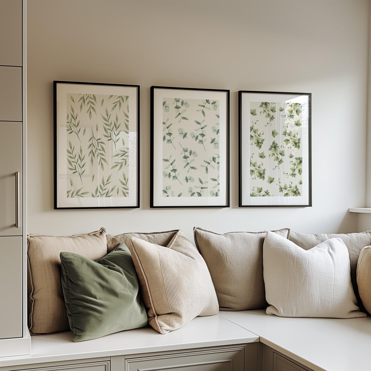 Botanical Pattern Wall Prints, Set of 3  Boho Wall Art, Home Decor, Green Calm Floral Poster, Beige, Mid-Century Style Art B024