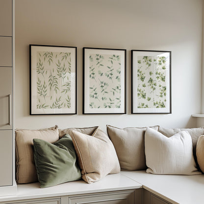 Botanical Pattern Wall Prints, Set of 3  Boho Wall Art, Home Decor, Green Calm Floral Poster, Beige, Mid-Century Style Art B024
