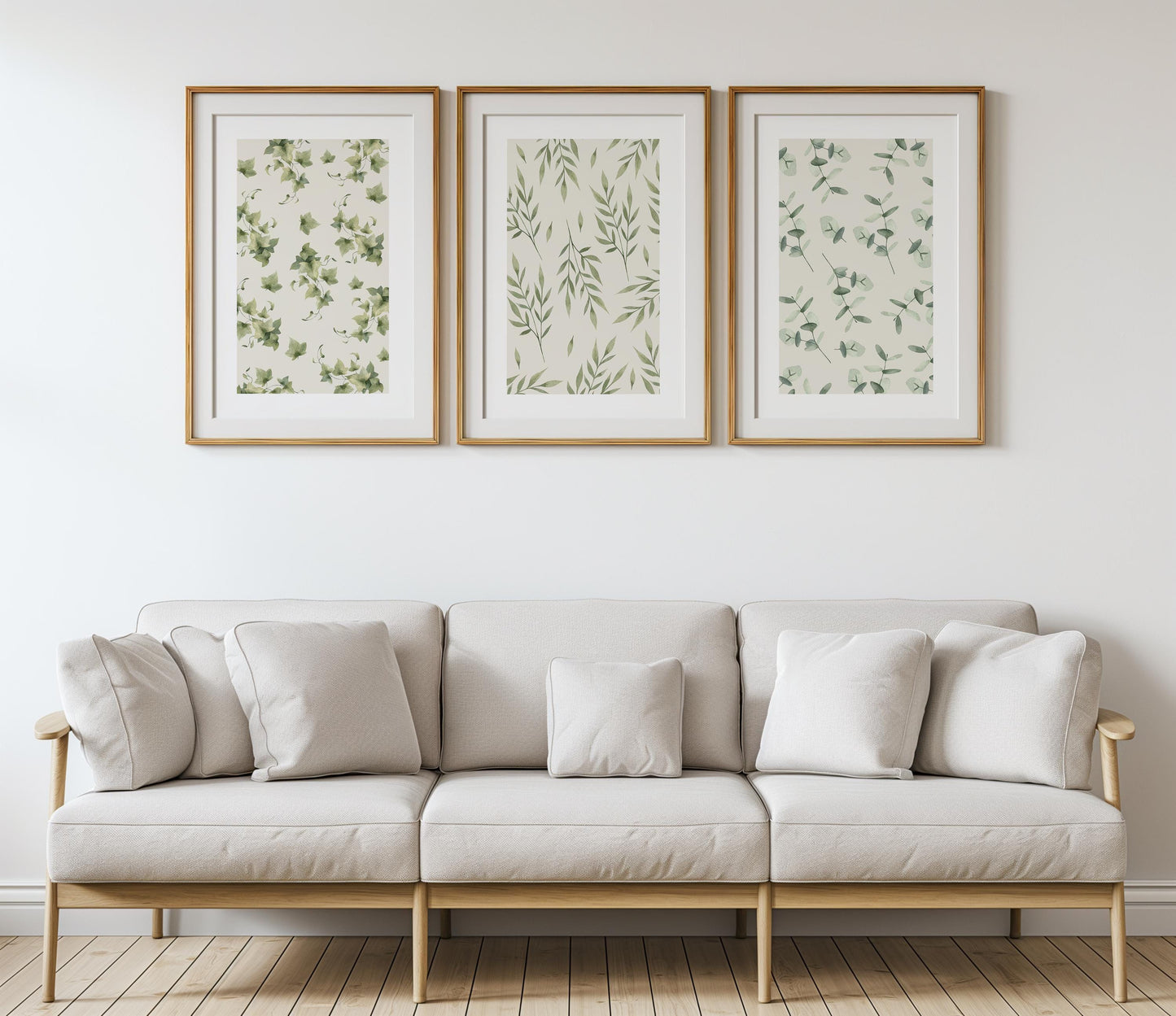 Botanical Pattern Wall Prints, Set of 3  Boho Wall Art, Home Decor, Green Calm Floral Poster, Beige, Mid-Century Style Art B024