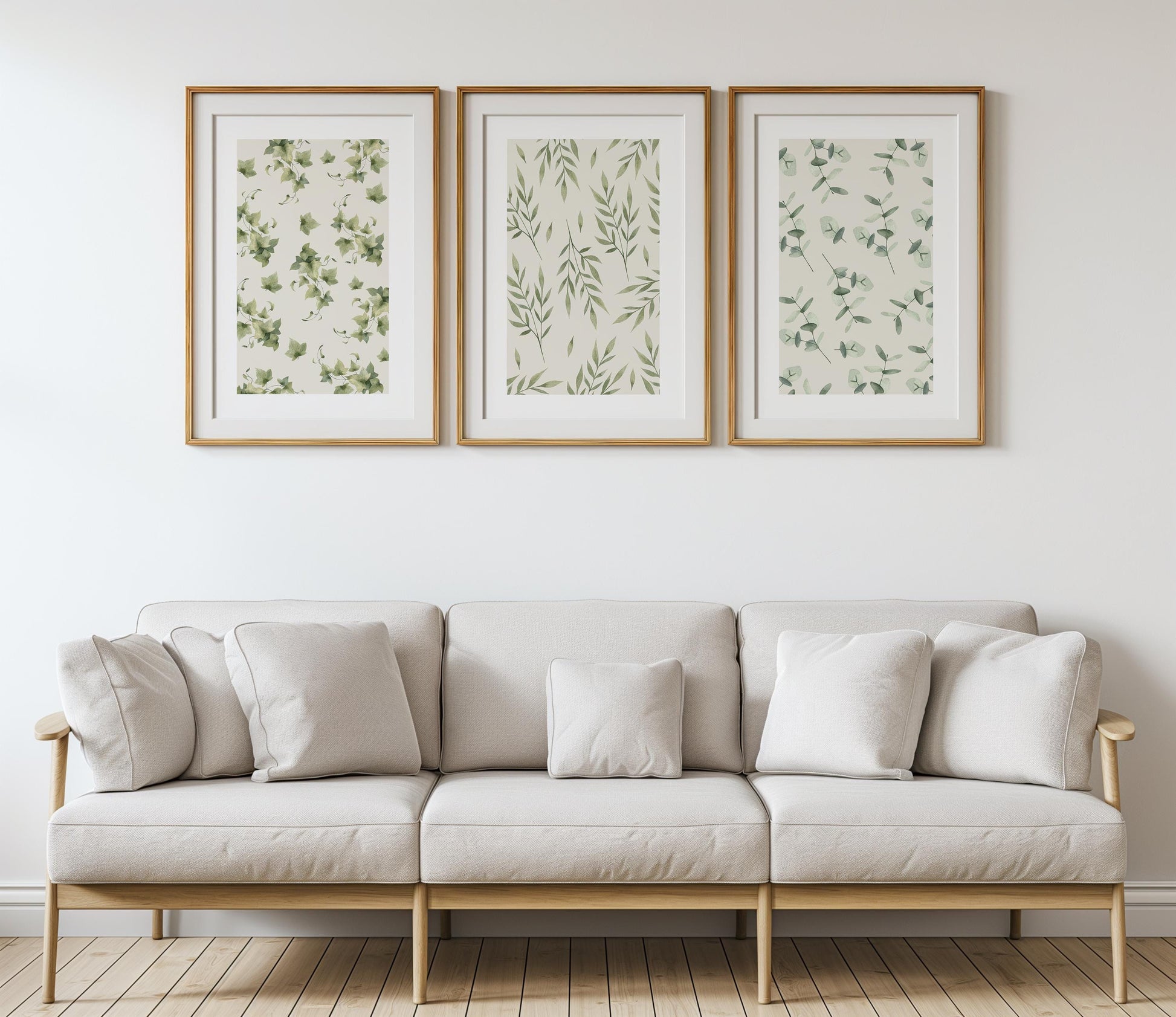 Botanical Pattern Wall Prints, Set of 3  Boho Wall Art, Home Decor, Green Calm Floral Poster, Beige, Mid-Century Style Art B024