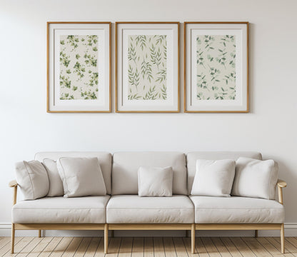 Botanical Pattern Wall Prints, Set of 3  Boho Wall Art, Home Decor, Green Calm Floral Poster, Beige, Mid-Century Style Art B024
