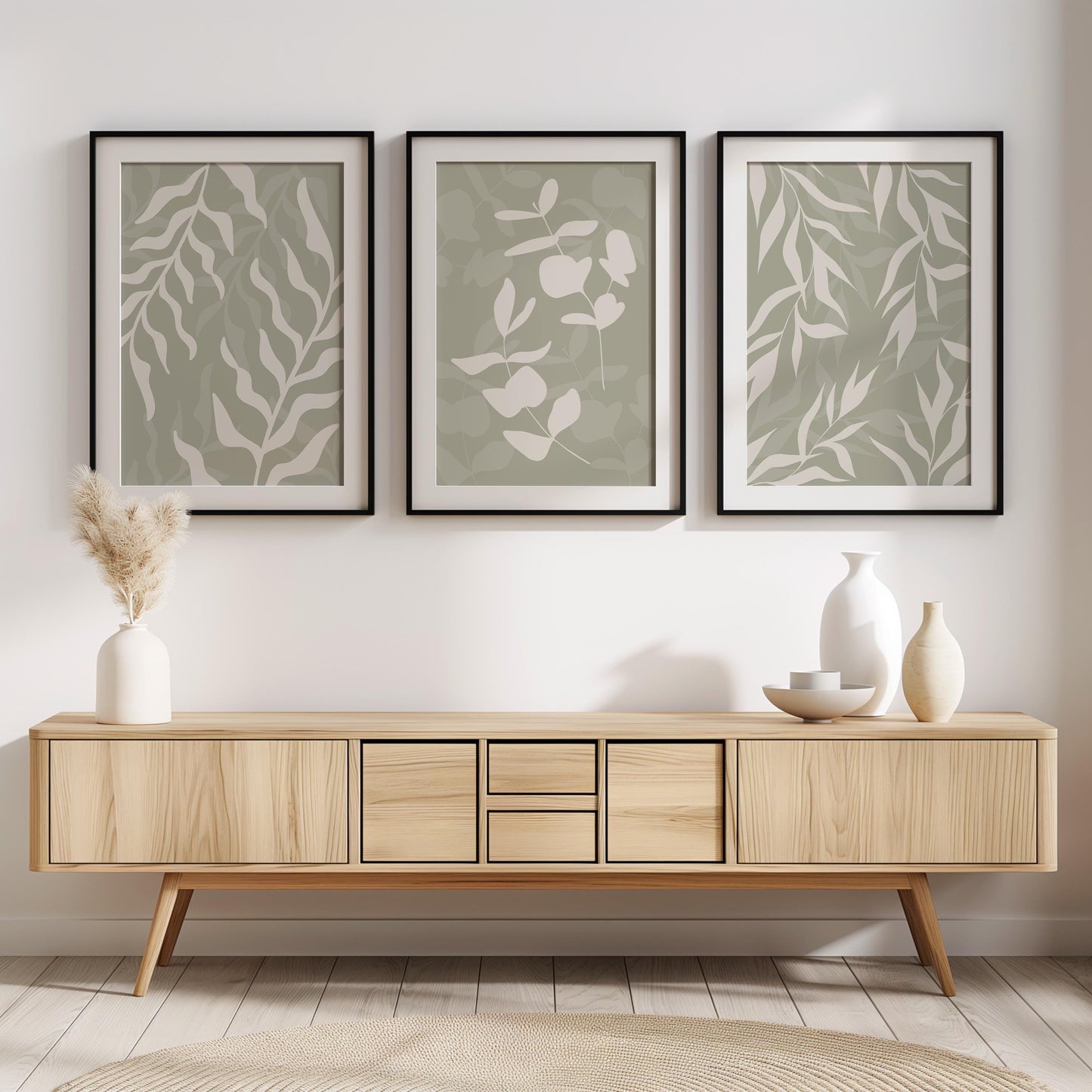 Floral Wall Prints, Set of 3 Boho Wall Art, Eucalyptus Home Decor, Sage Green Calm Botanical Poster, Beige, Mid-Century Style Art B26