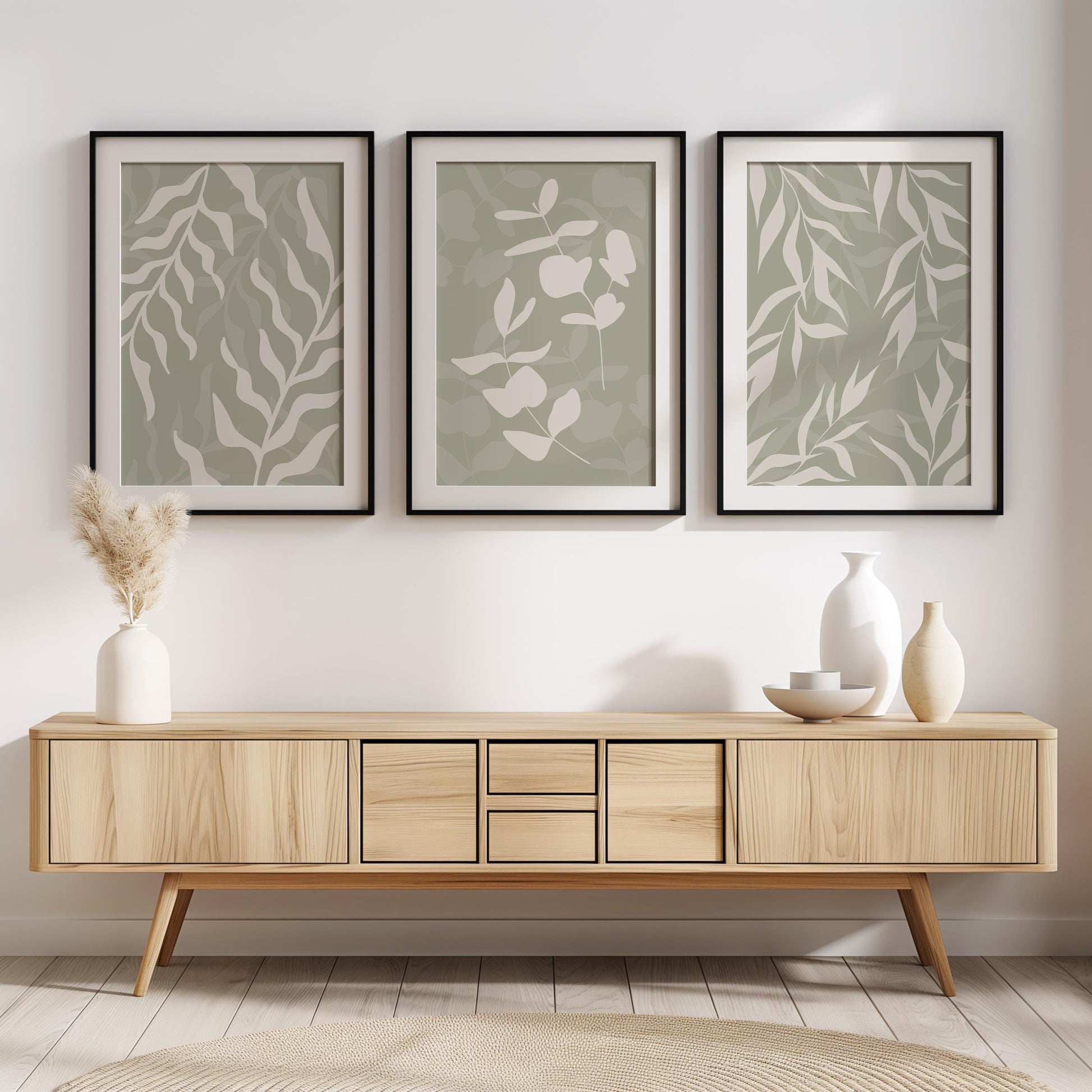 Floral Wall Prints, Set of 3 Boho Wall Art, Eucalyptus Home Decor, Sage Green Calm Botanical Poster, Beige, Mid-Century Style Art B26
