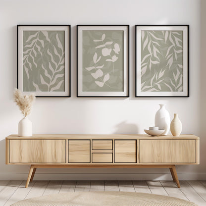 Floral Wall Prints, Set of 3 Boho Wall Art, Eucalyptus Home Decor, Sage Green Calm Botanical Poster, Beige, Mid-Century Style Art B26