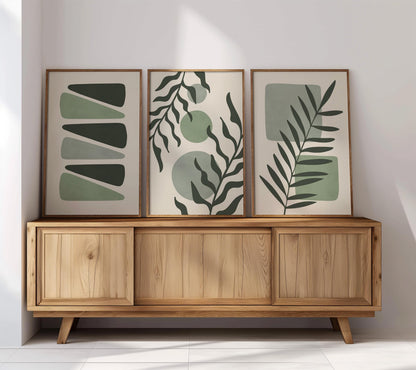 Boho Abstract Prints, Set of 3 Boho Wall Art, Calming Sage Green Home Wall Decor, Floral Posters, Minimalist Earthy geometric prints B27