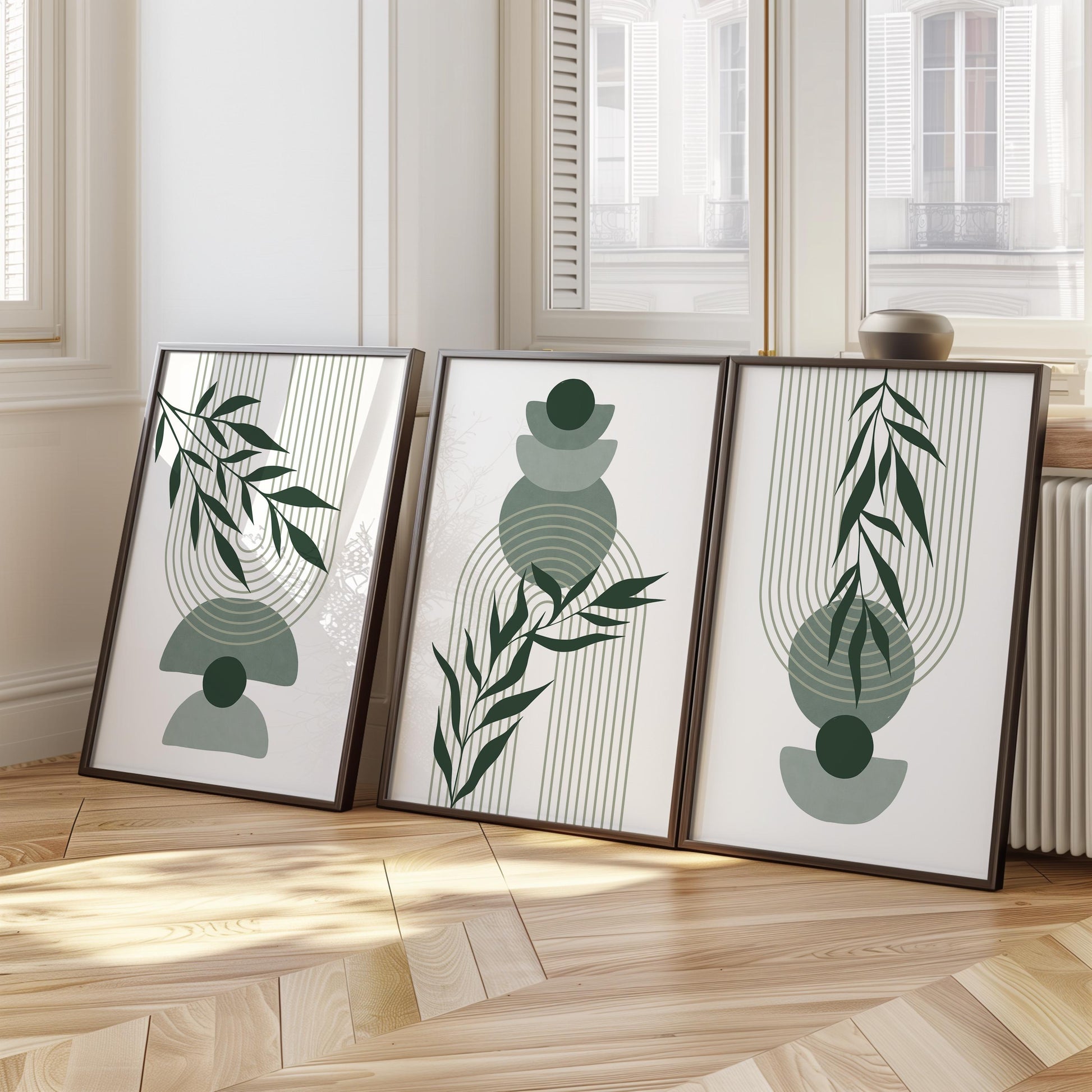 Boho Wall Prints, Set of 3 Wall Art, Sage Green Wall Prints, Boho Abstract Posters, Geometric Wall Poster, Bedroom Floral Wall Decor B022