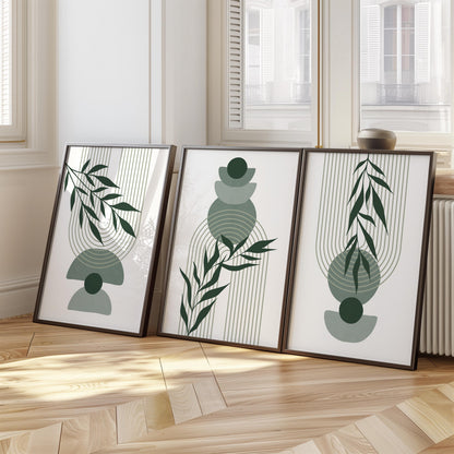 Boho Wall Prints, Set of 3 Wall Art, Sage Green Wall Prints, Boho Abstract Posters, Geometric Wall Poster, Bedroom Floral Wall Decor B022