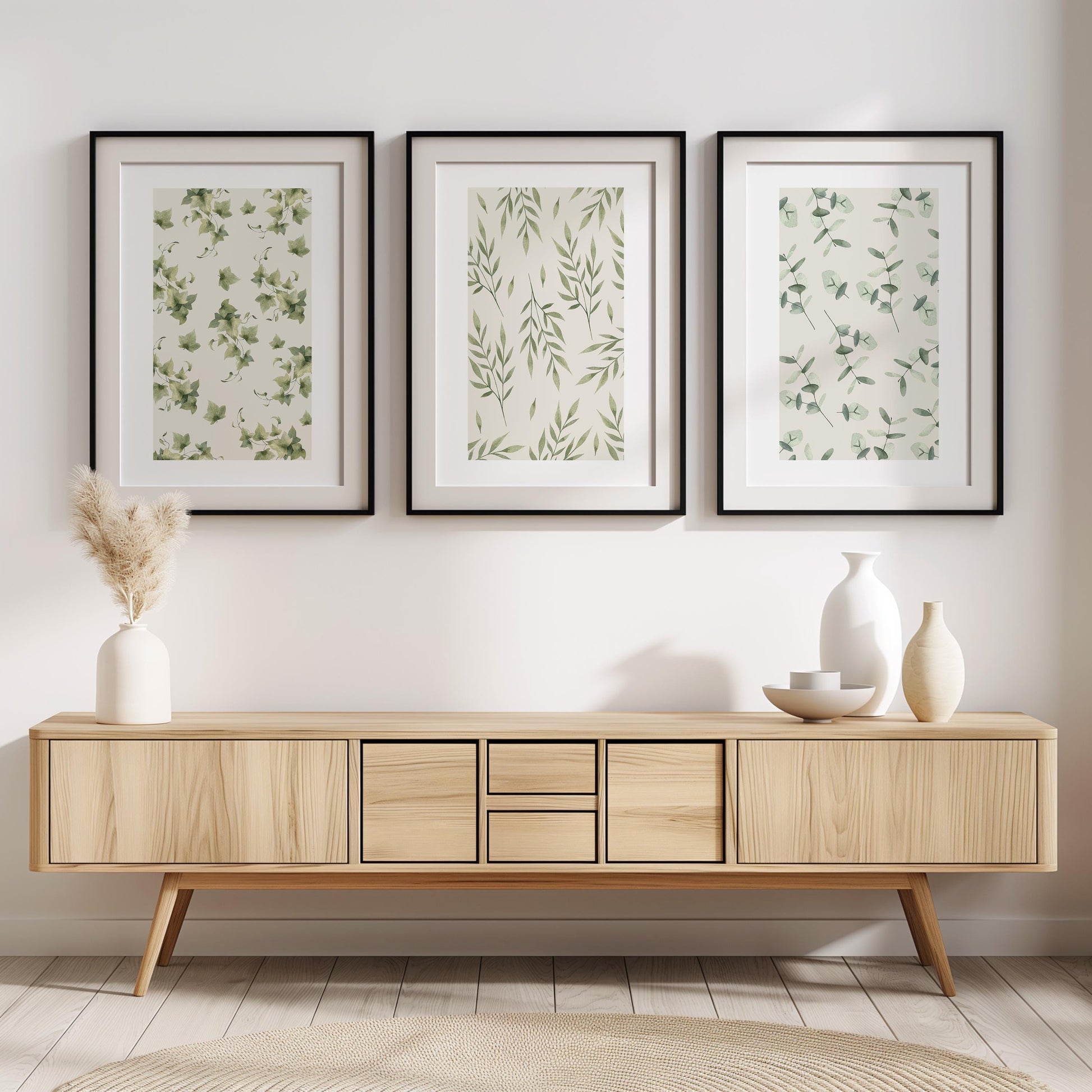 Botanical Pattern Wall Prints, Set of 3  Boho Wall Art, Home Decor, Green Calm Floral Poster, Beige, Mid-Century Style Art B024