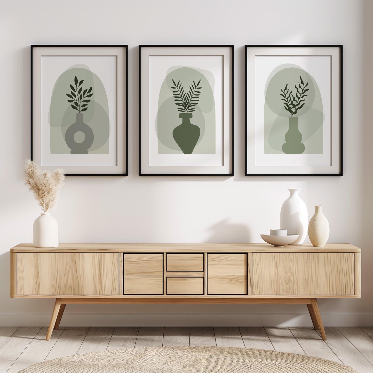 Boho Wall Prints, Set of 3 Boho Vase Wall Art, Sage Green Prints, Boho Abstract Posters, Geometric Home Poster, Calm Botanical Decor B025