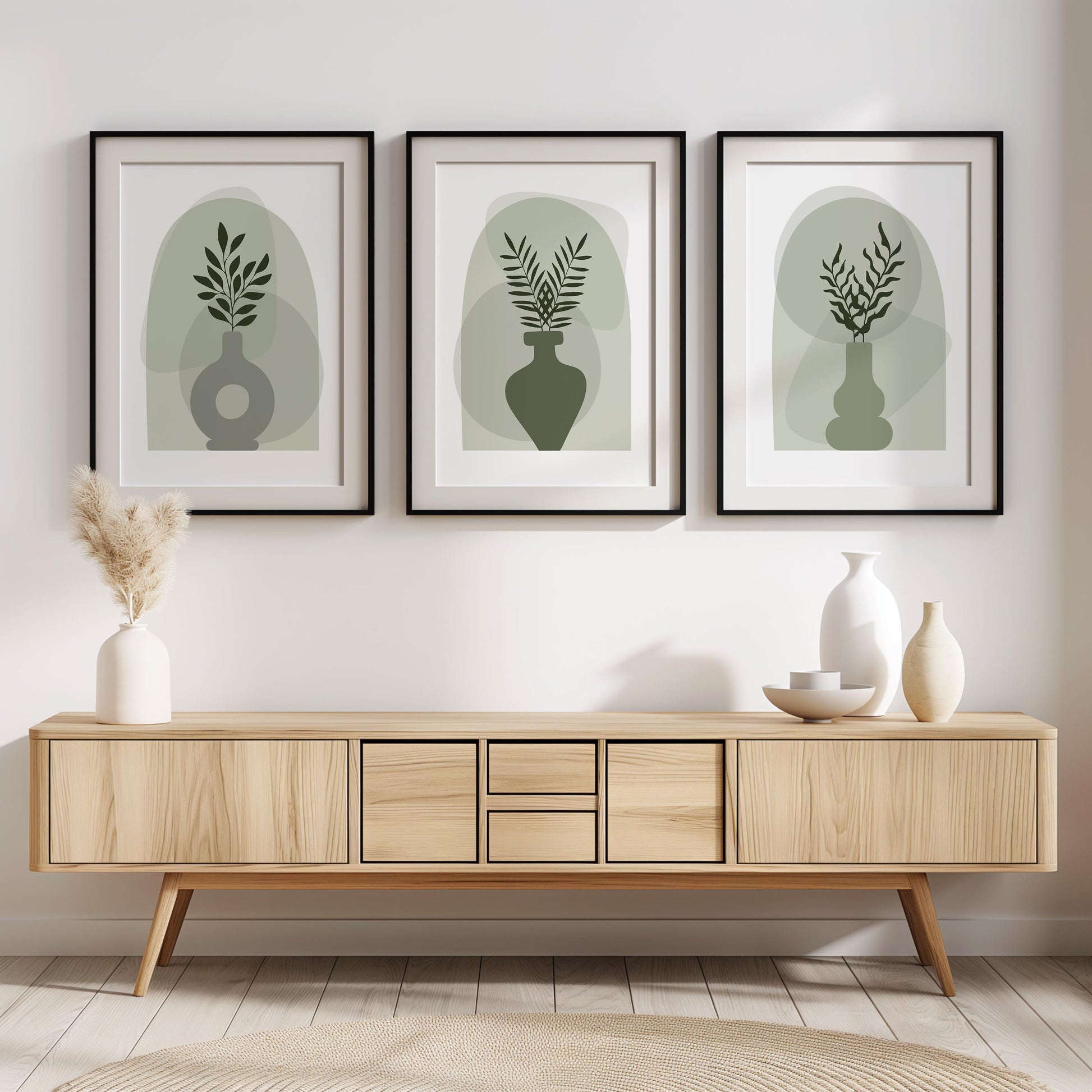 Boho Wall Prints, Set of 3 Boho Vase Wall Art, Sage Green Prints, Boho Abstract Posters, Geometric Home Poster, Calm Botanical Decor B025