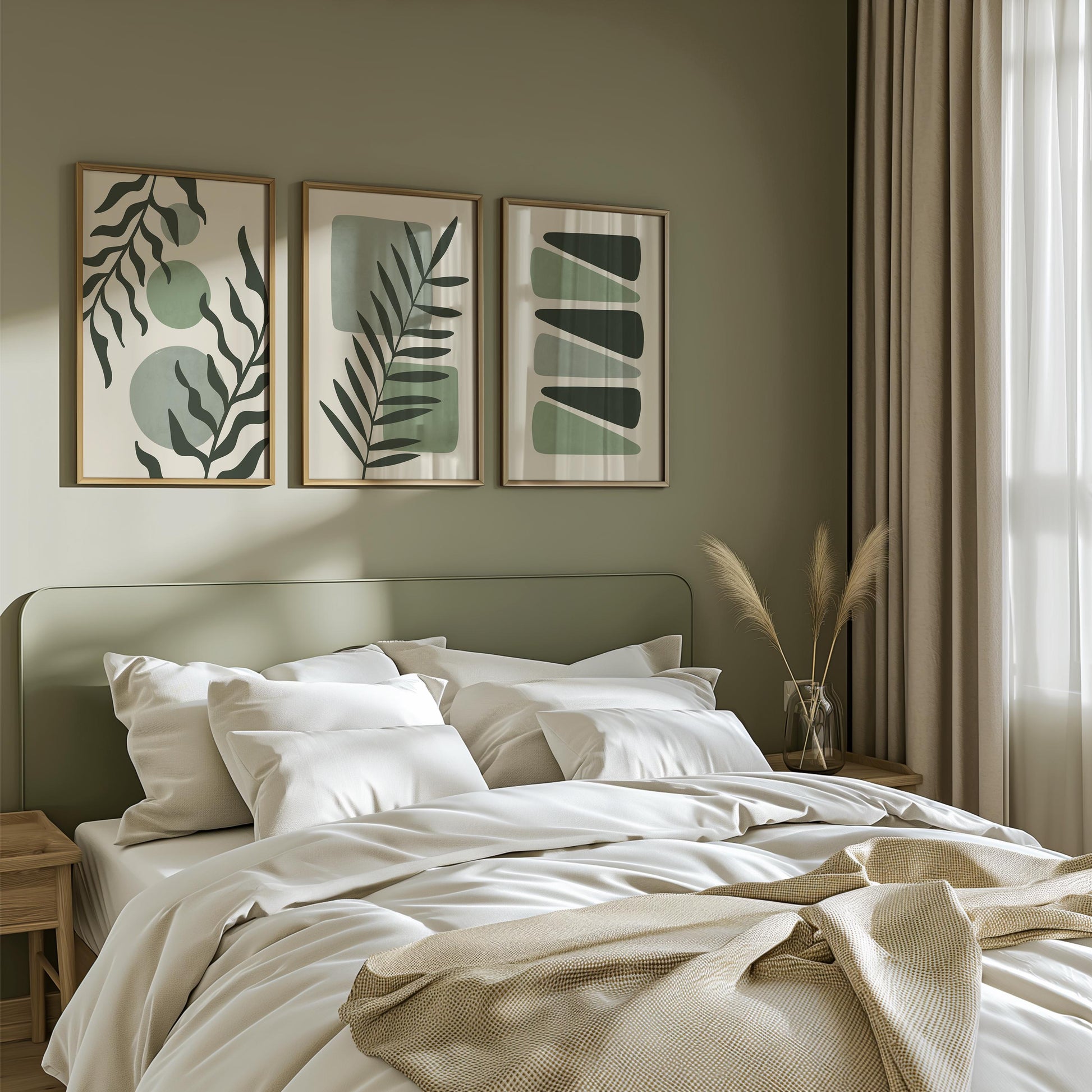 Boho Abstract Prints, Set of 3 Boho Wall Art, Calming Sage Green Home Wall Decor, Floral Posters, Minimalist Earthy geometric prints B27