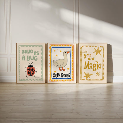 Silly Goose Print, Snug As A Bug Nursery Decor, Quirky Wall, Trendy Magic Art, Rustic Art, Whimsical Kids
