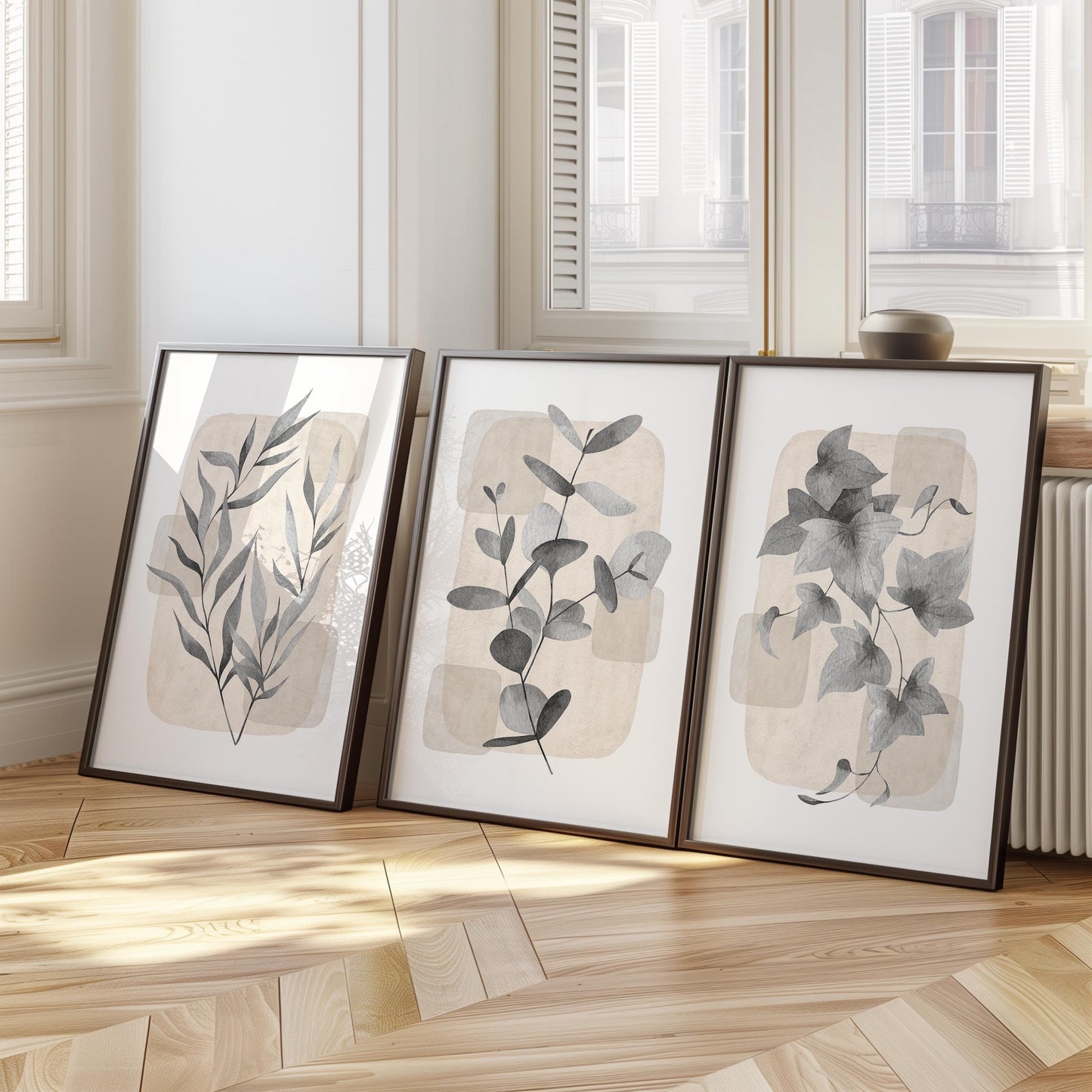 Boho Wall Art Prints, Set of 3, Botanical Wall Poster, Boho Abstract Print, Geometric Wall Decor, Floral Wall Decor, Minimal Gray Beige B28