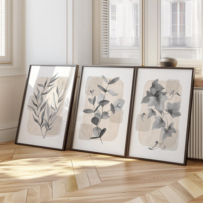 Boho Wall Art Prints, Set of 3, Botanical Wall Poster, Boho Abstract Print, Geometric Wall Decor, Floral Wall Decor, Minimal Gray Beige B28