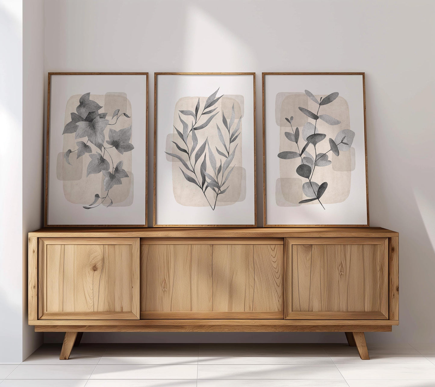 Boho Wall Art Prints, Set of 3, Botanical Wall Poster, Boho Abstract Print, Geometric Wall Decor, Floral Wall Decor, Minimal Gray Beige B28