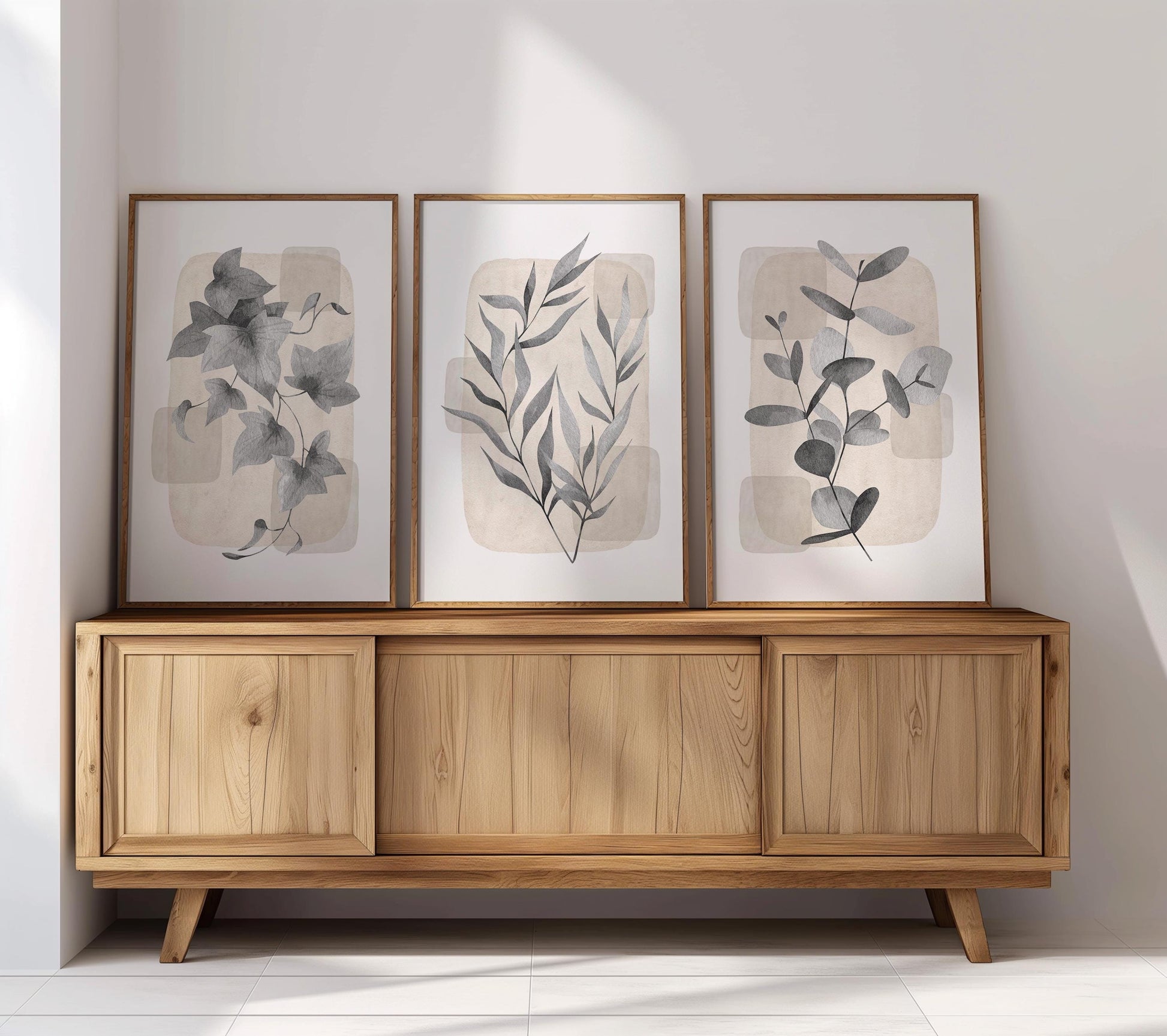 Boho Wall Art Prints, Set of 3, Botanical Wall Poster, Boho Abstract Print, Geometric Wall Decor, Floral Wall Decor, Minimal Gray Beige B28