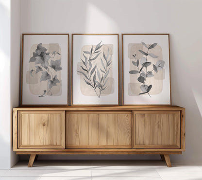 Boho Wall Art Prints, Set of 3, Botanical Wall Poster, Boho Abstract Print, Geometric Wall Decor, Floral Wall Decor, Minimal Gray Beige B28
