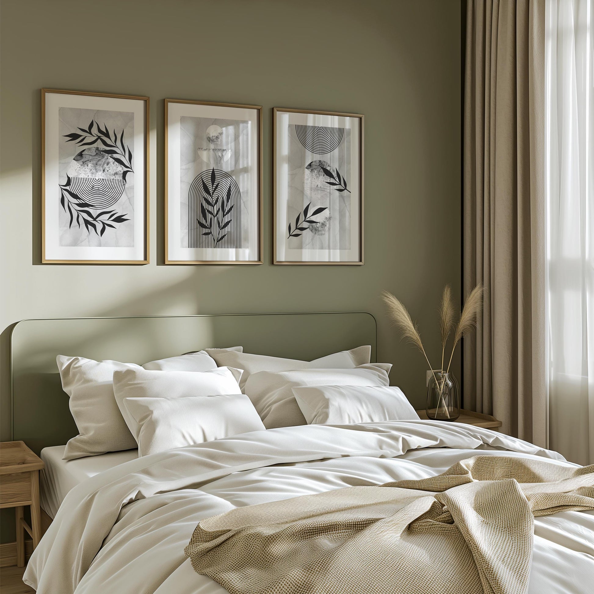 Japandi Wall Art Set of 3 – Abstract Botanical and Arch Prints | Neutral Line Art Posters for Bedroom or Living Room, Minimal Boho Decor B31