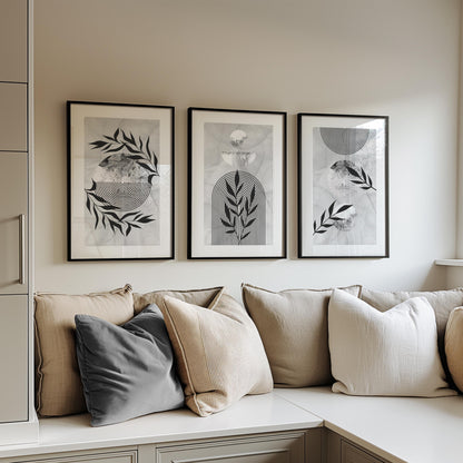 Japandi Wall Art Set of 3 – Abstract Botanical and Arch Prints | Neutral Line Art Posters for Bedroom or Living Room, Minimal Boho Decor B31